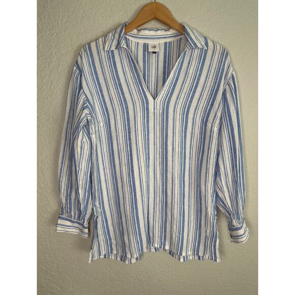 CAbi Pacific Blue Striped Linen Tunic Top Style 5894 Small Coastal Preppy - Picture 2 of 7